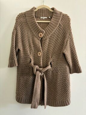 Vince Taupe Knit Belted Shawl Collar Cardigan